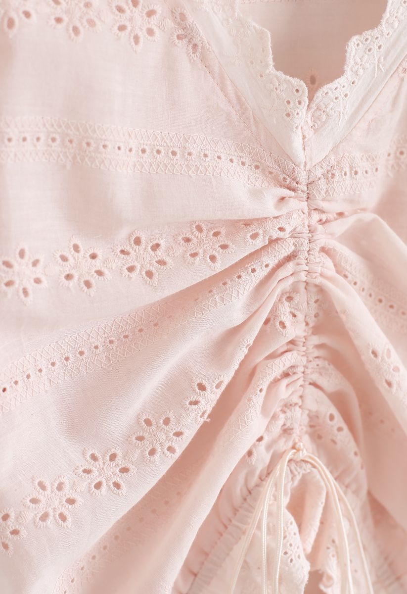 Drawstring Front Floral Embroidered Eyelet Crop Top in Light Pink
