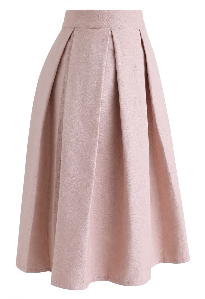 Light Pink Jacquard A-Line Pleated Midi Skirt - Retro, Indie and Unique ...