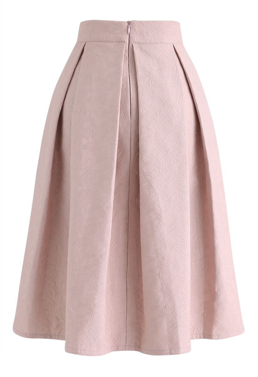 Light Pink Jacquard A-Line Pleated Midi Skirt