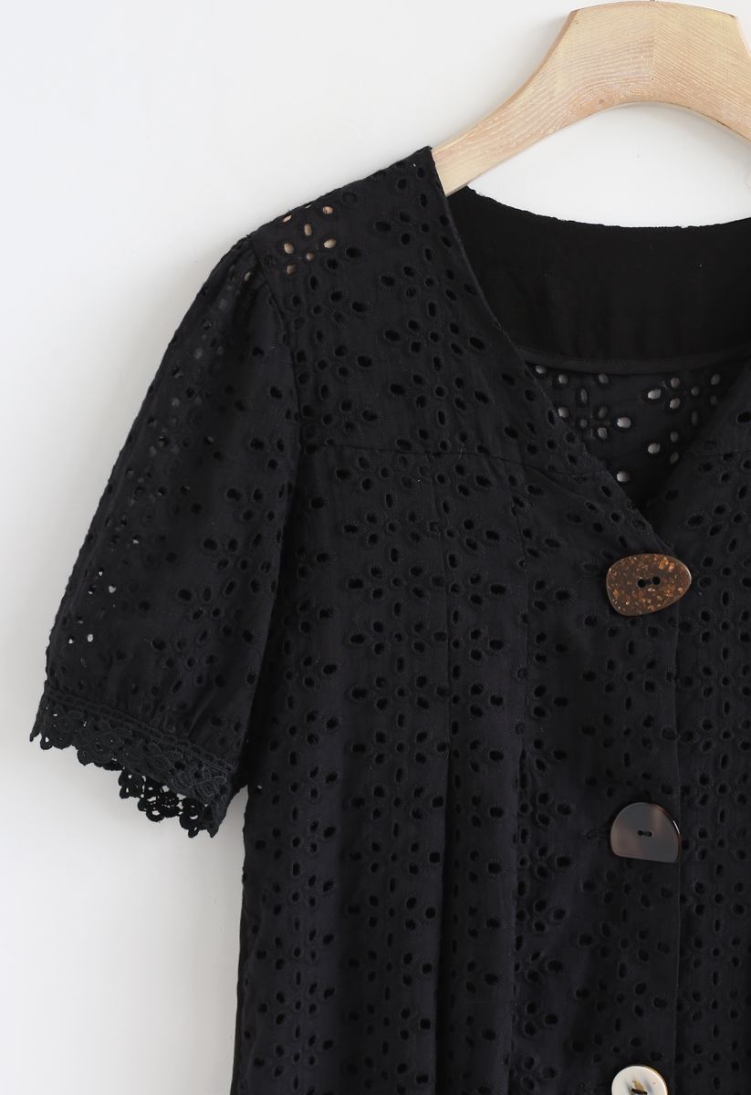 Horn Button Spliced Embroidered Eyelet Top in Black