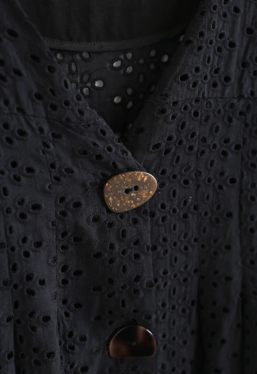 Horn Button Spliced Embroidered Eyelet Top in Black