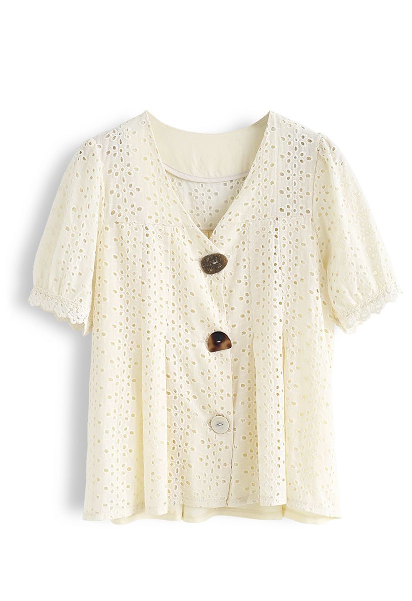 Horn Button Spliced Embroidered Eyelet Top in Cream