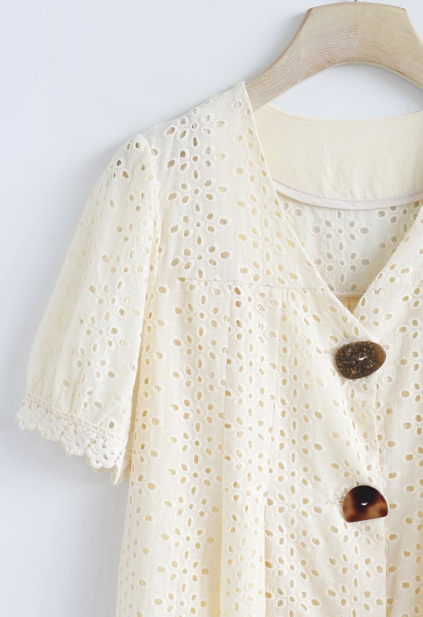 Horn Button Spliced Embroidered Eyelet Top in Cream