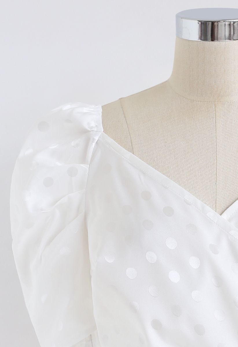 Wrapped Front Puff Sleeves Dots Crop Top in White
