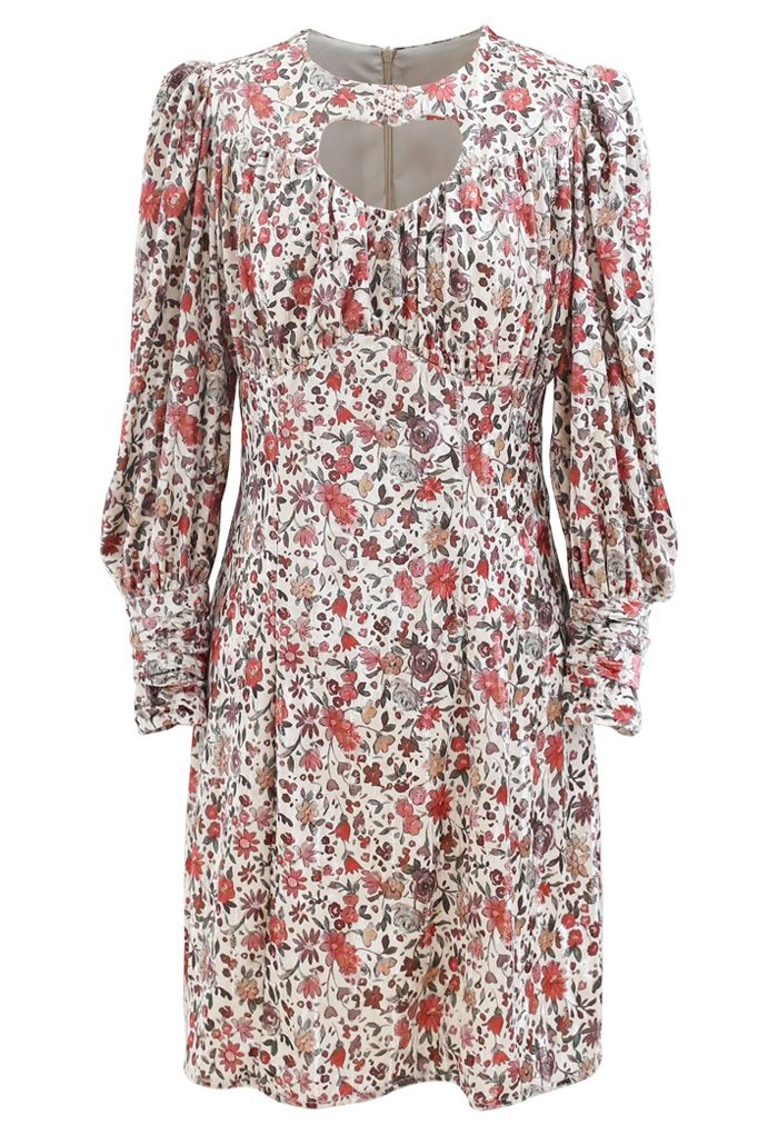 Keyhole Front Puff Sleeves Floral Velvet Dress - Retro, Indie and ...
