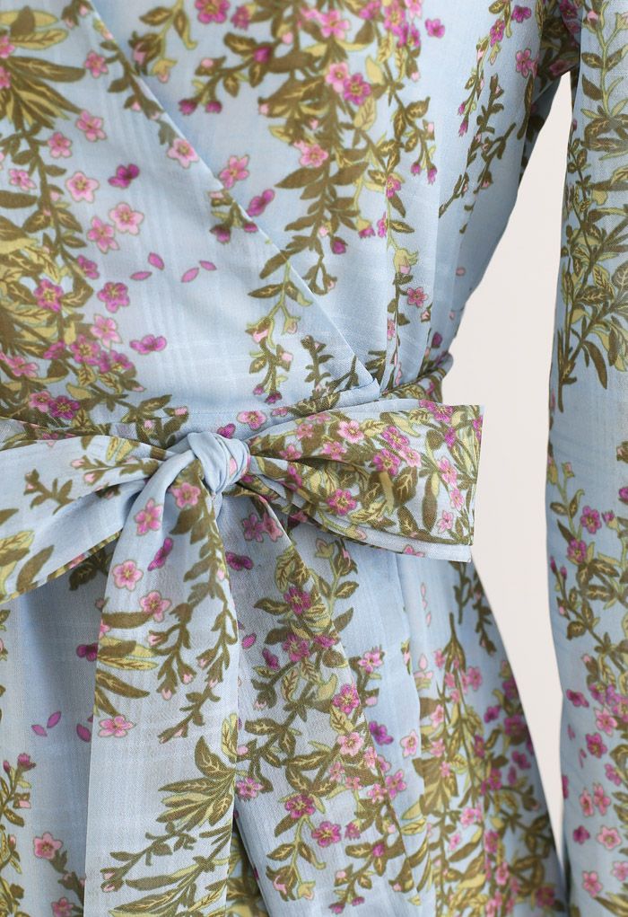 Floral Wrap Bowknot Chiffon Dress in Blue