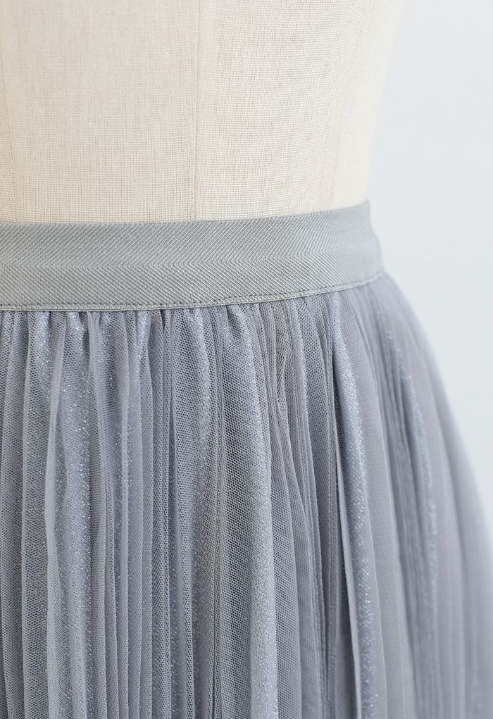Glittering Mesh Pleated Midi Skirt in Dusty Blue