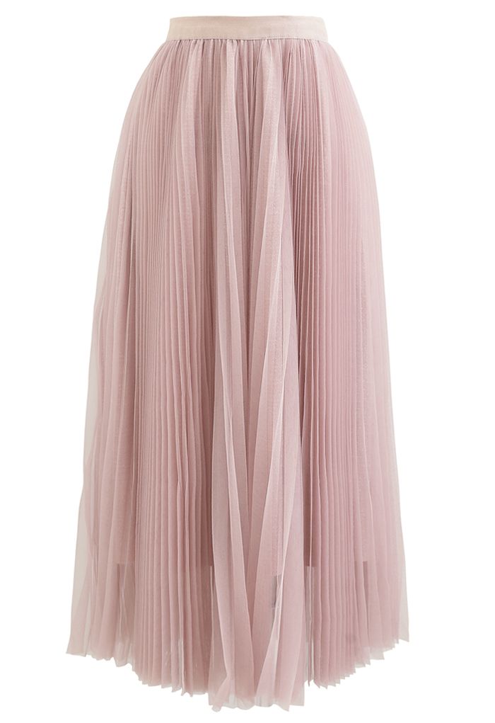 Glittering Mesh Pleated Midi Skirt in Pink