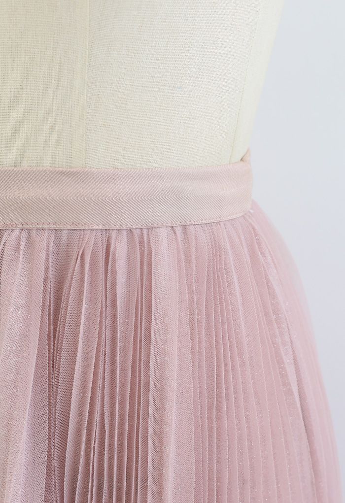 Glittering Mesh Pleated Midi Skirt in Pink