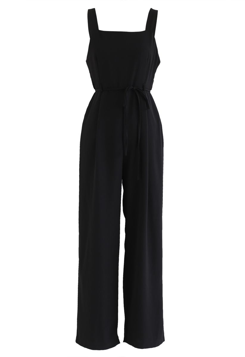 Belted Pockets Wide-Leg Cami Jumpsuit in Black