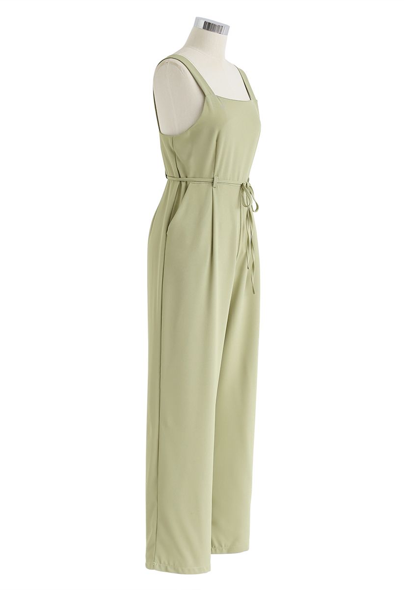 Belted Pockets Wide-Leg Cami Jumpsuit in Pistachio
