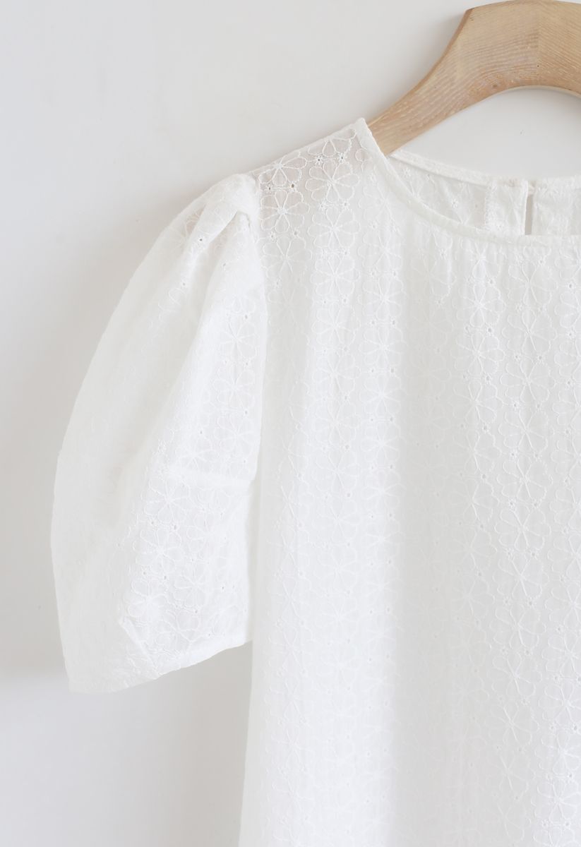 Puff Sleeves Floral Embroidered Eyelet Top in White