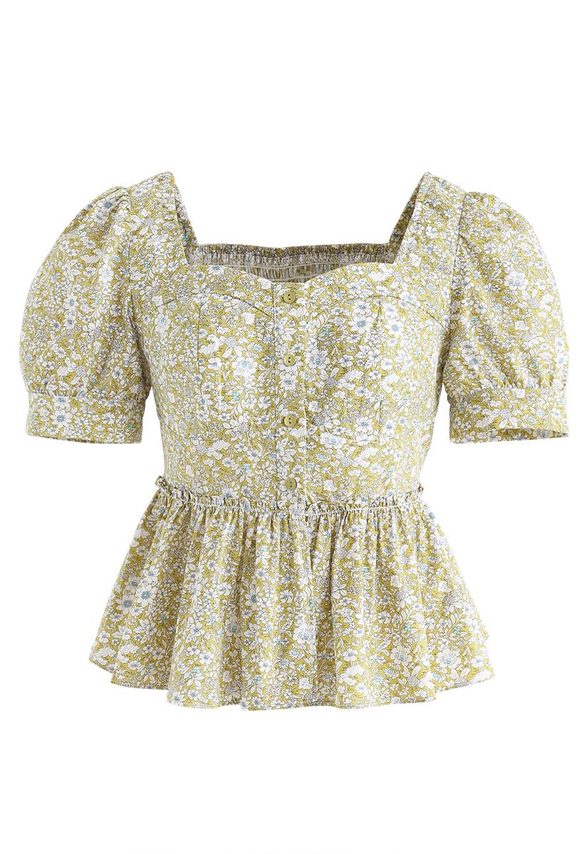 Lace-Up Shirred Ditsy Floral Ruffle Top in Pistachio - Retro, Indie and ...