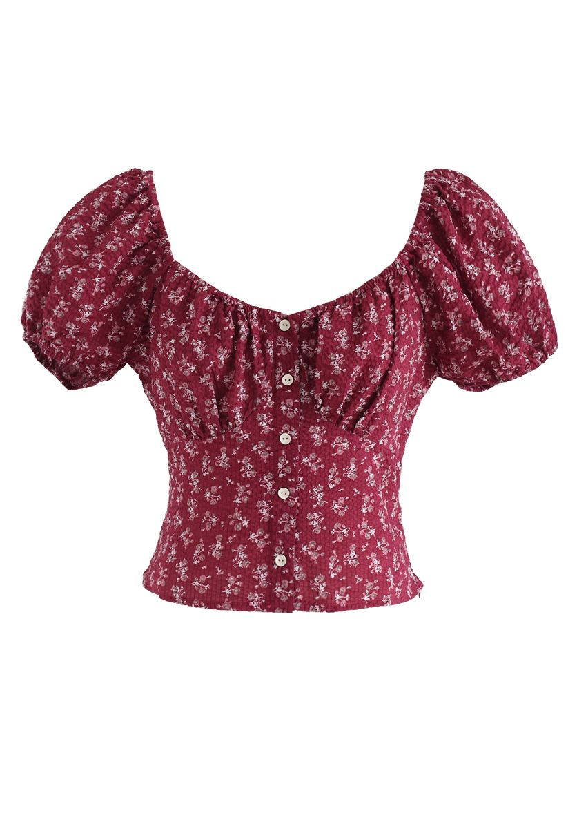 Ditsy Floral Embossed Shirred Crop Top in Red