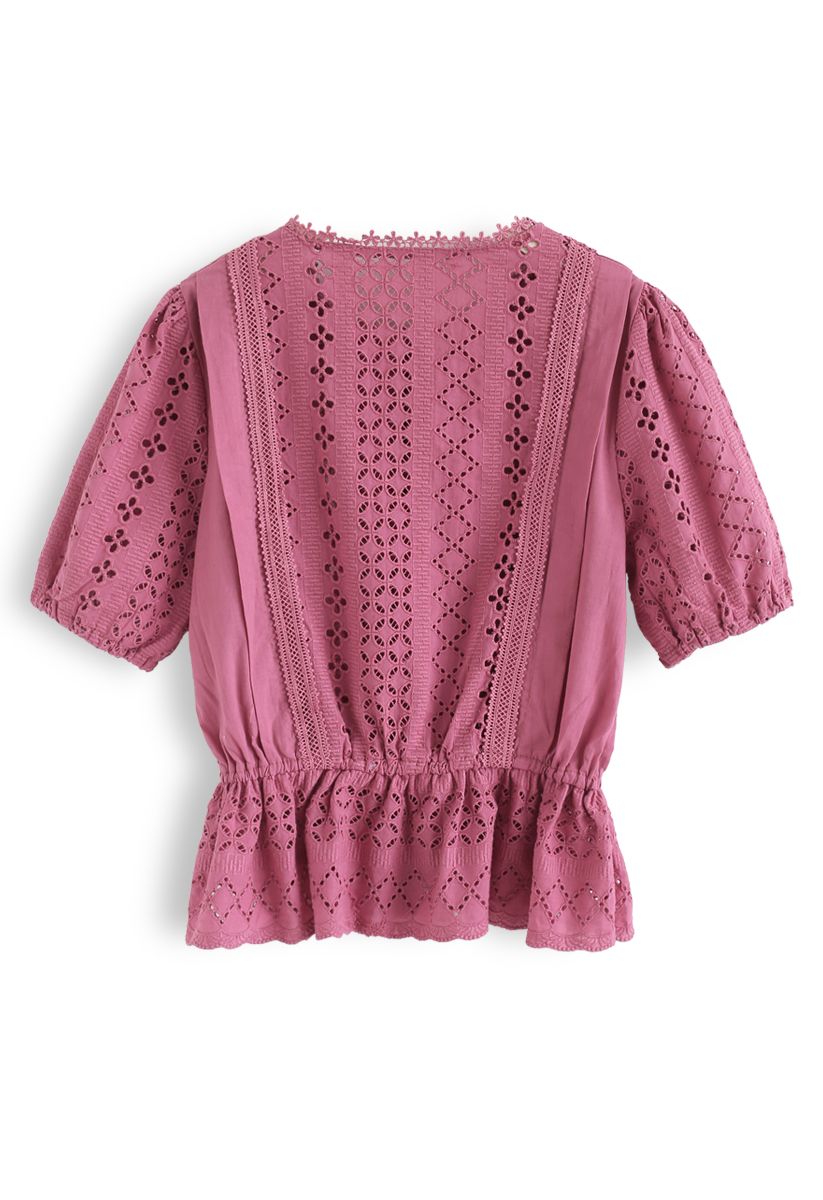 Eyelet Embroidery Crochet Peplum Top in Berry