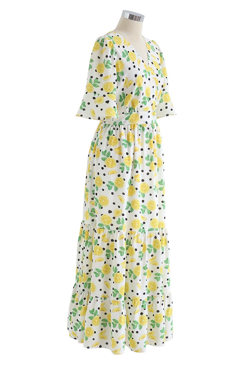 Lemon Print Frilling Wrapped Dress - Retro, Indie and Unique Fashion