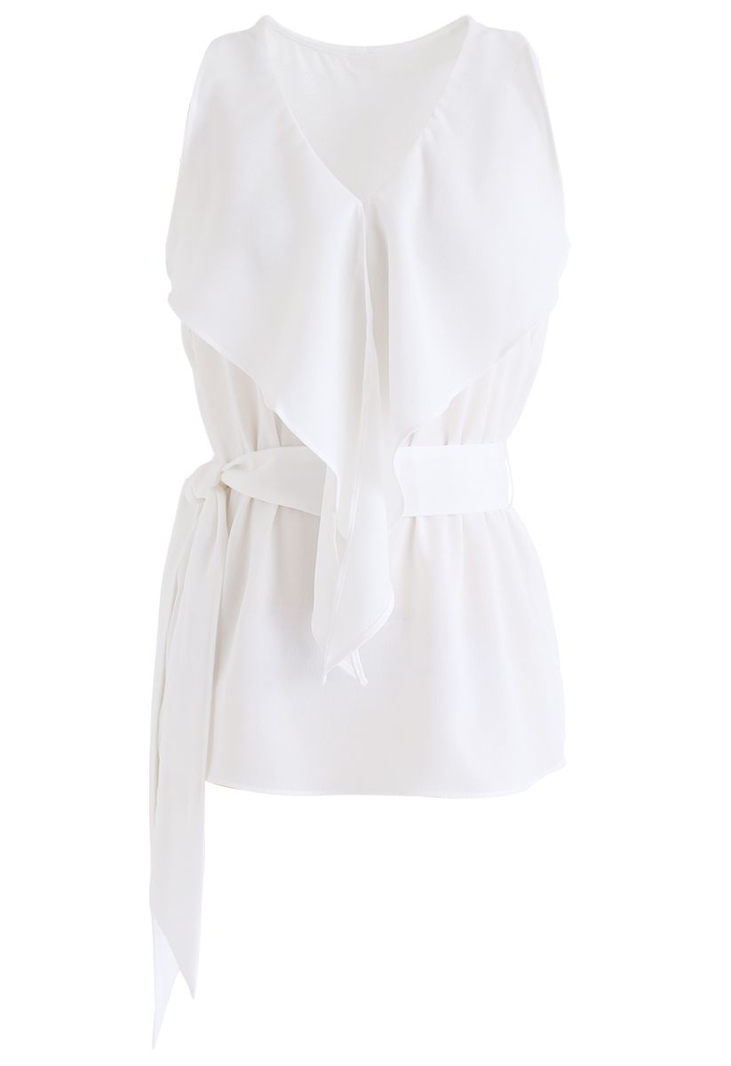 Ruffle Belted Sleeveless Top in White - Retro, Indie and Unique Fashion