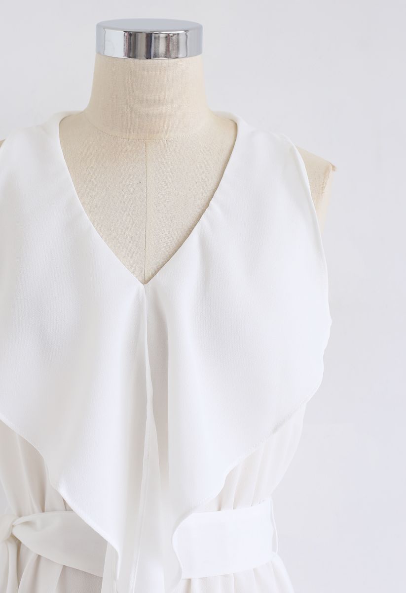 Ruffle Belted Sleeveless Top in White