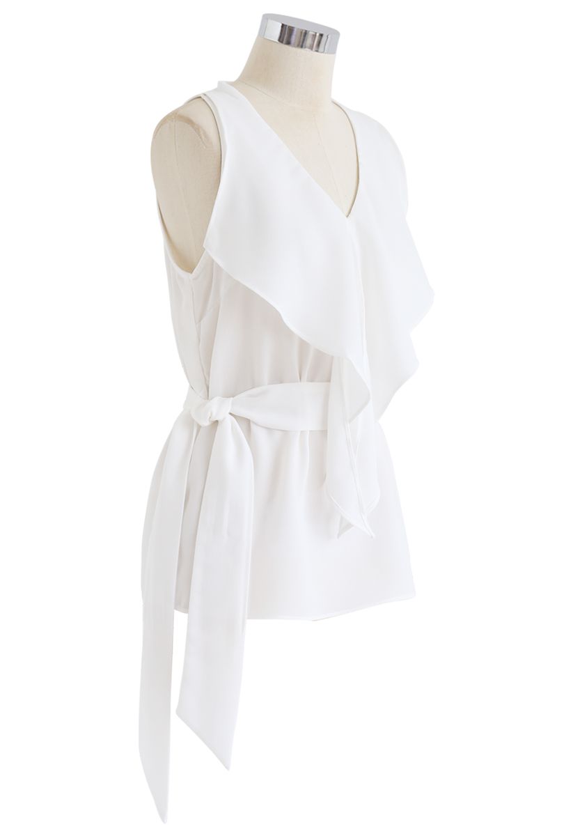 Ruffle Belted Sleeveless Top in White