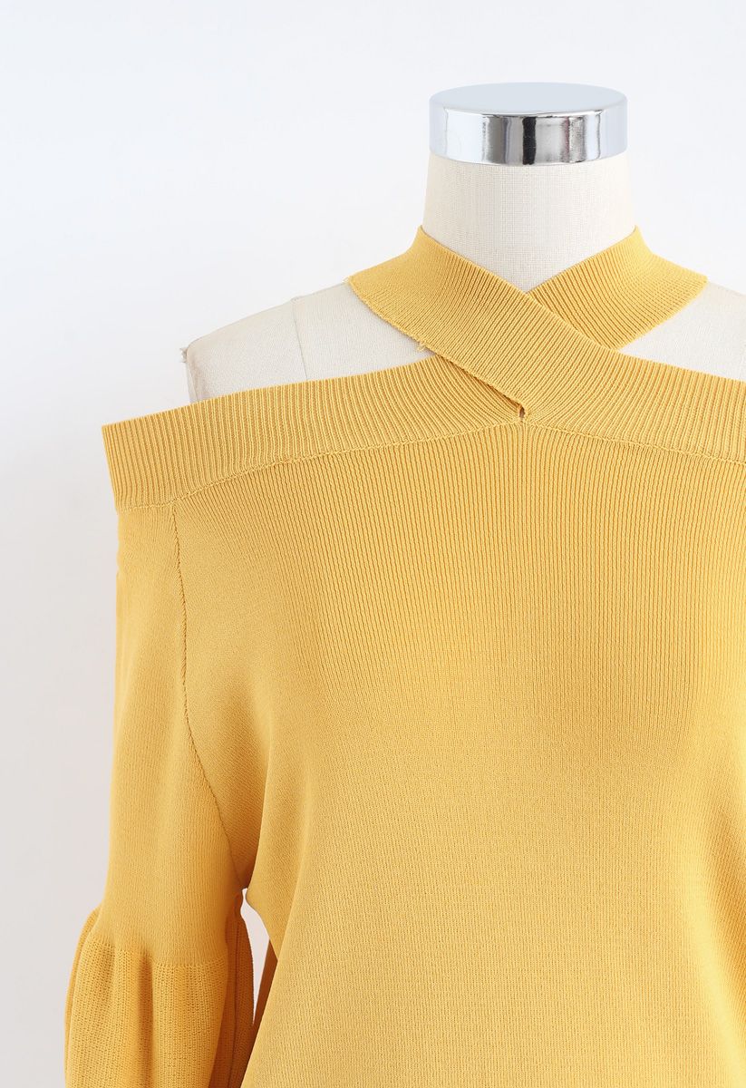 Crisscross Neck Cold-Shoulder Knit Top in Mustard