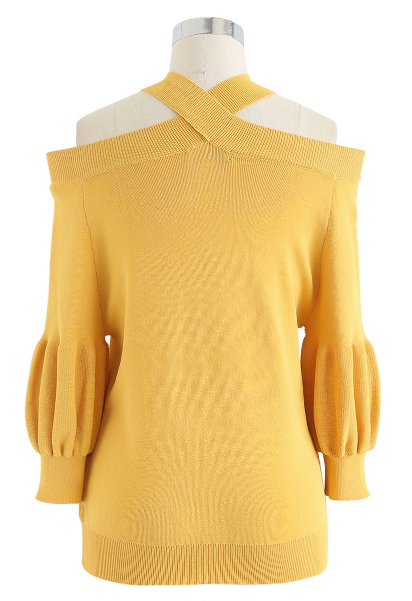 Crisscross Neck Cold-Shoulder Knit Top in Mustard