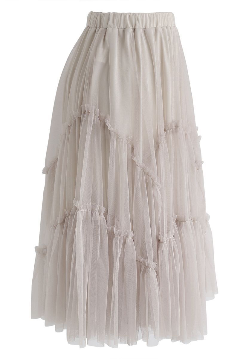 Ruffle Detail Asymmetric Mesh Tulle Skirt in Dusty Pink - Retro, Indie ...