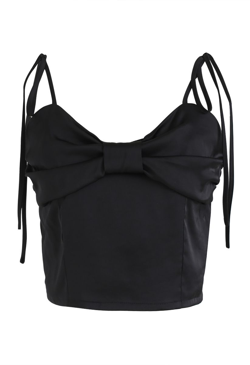 Shirred Sweet Knot Cropped Cami Top in Black