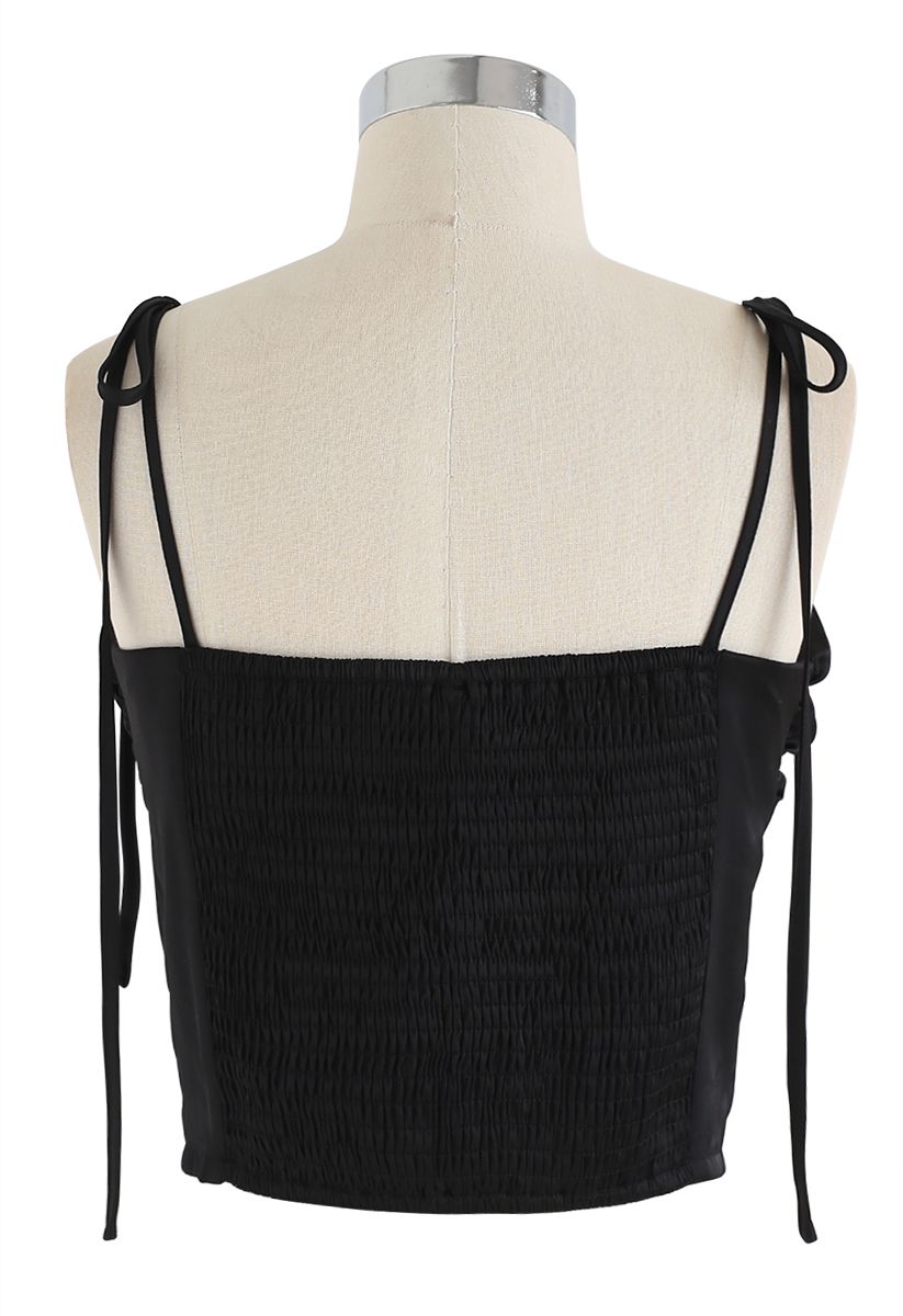 Shirred Sweet Knot Cropped Cami Top in Black