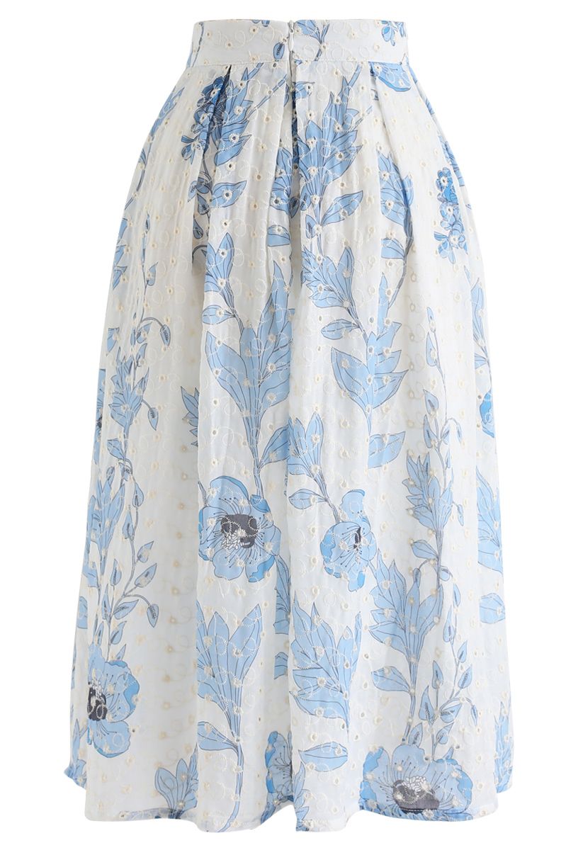 Blue Floral Printed Eyelet Embroidered Midi Skirt - Retro, Indie and ...
