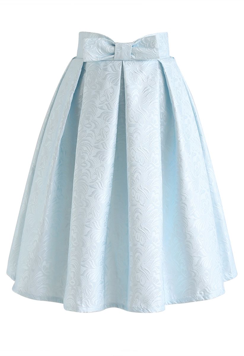 Bowknot Pleated Jacquard Midi Skirt in Baby Blue