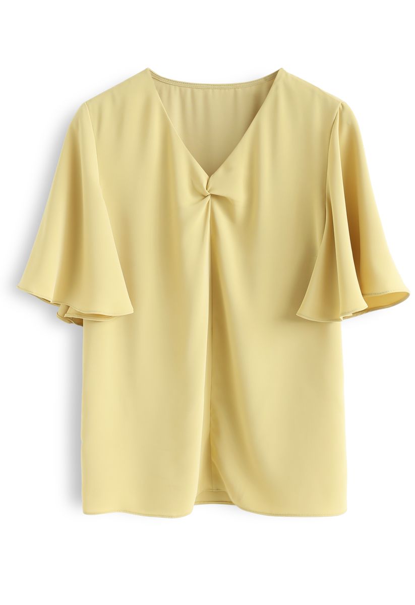 Flare Sleeves Front Twisted Top in Yellow