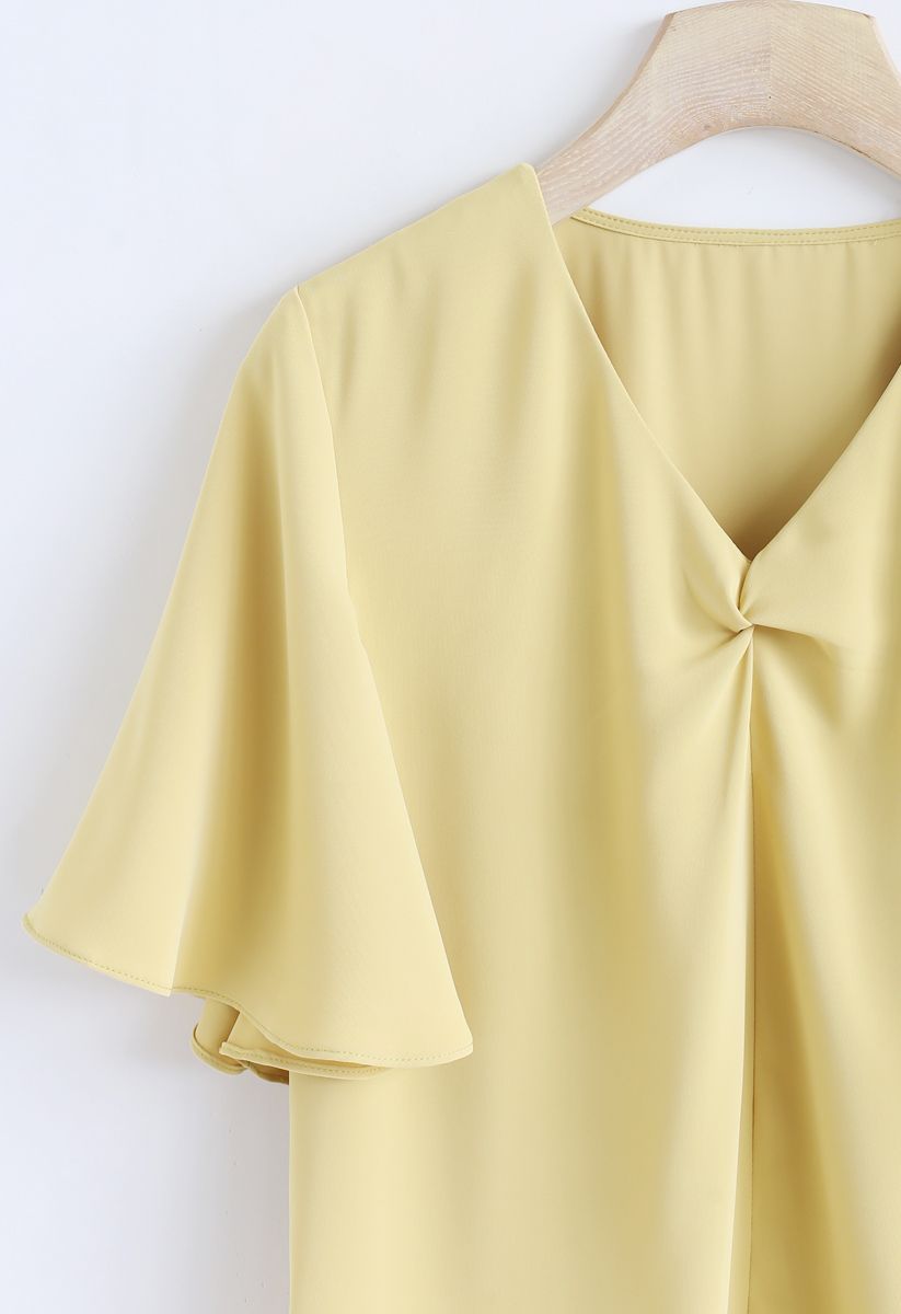 Flare Sleeves Front Twisted Top in Yellow - Retro, Indie and Unique Fashion