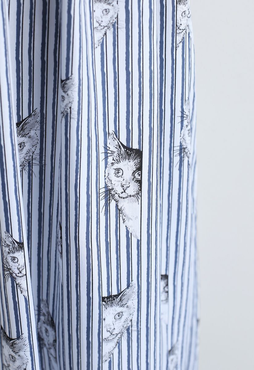 Kitten Print Bowknot Stripes Midi Skirt