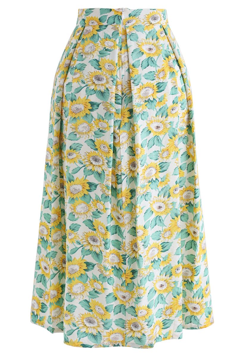 Sunflowers Print A-Line Midi Skirt - Retro, Indie and Unique Fashion