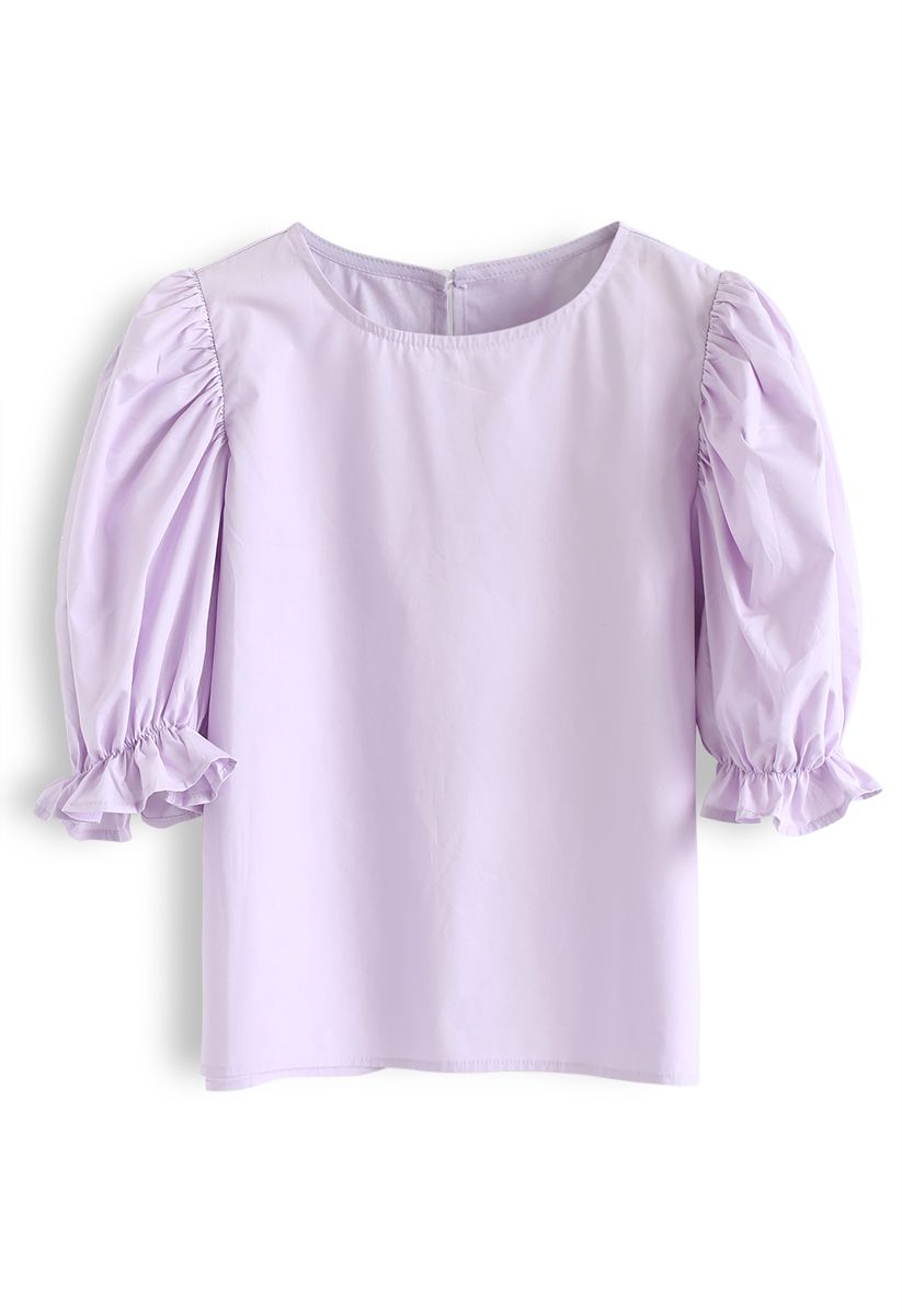 Bubble Sleeves Round Neck Top in Lilac