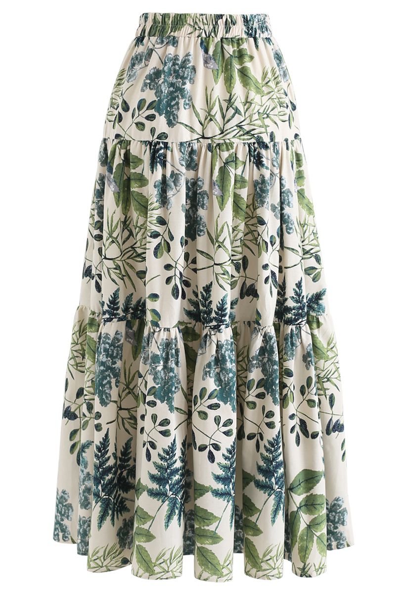 Natural Leaves Printed Linen-Blend Maxi Skirt - Retro, Indie and Unique ...