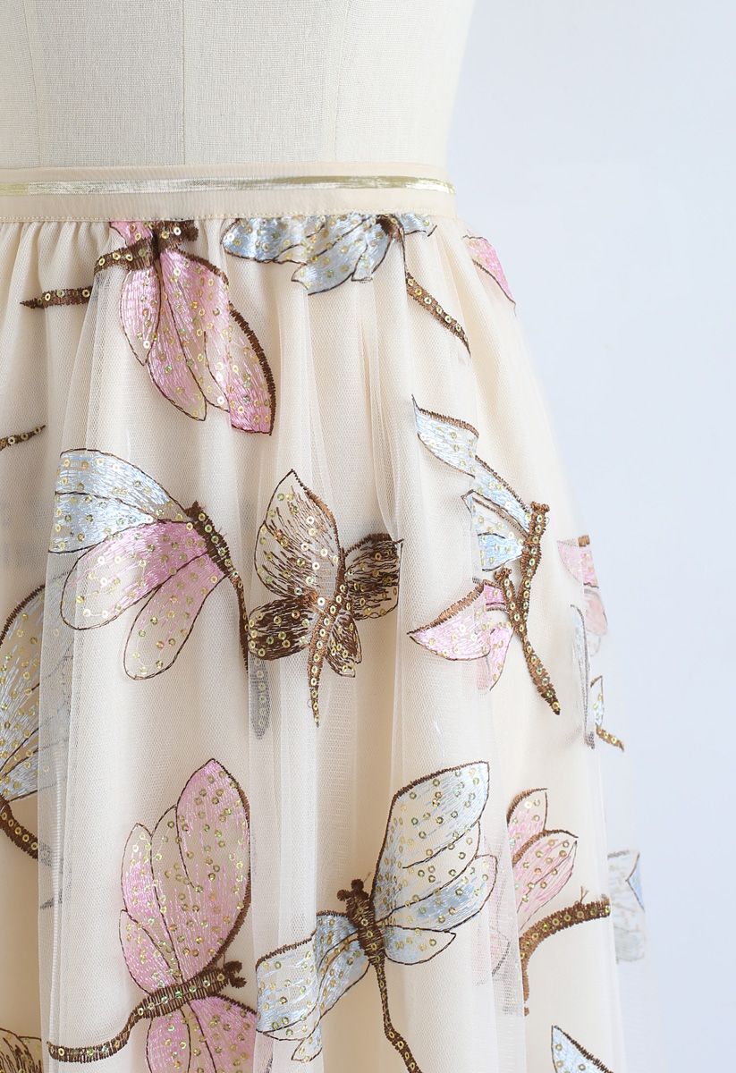Sequin Dragonfly Embroidery Mesh Tulle Skirt in Cream