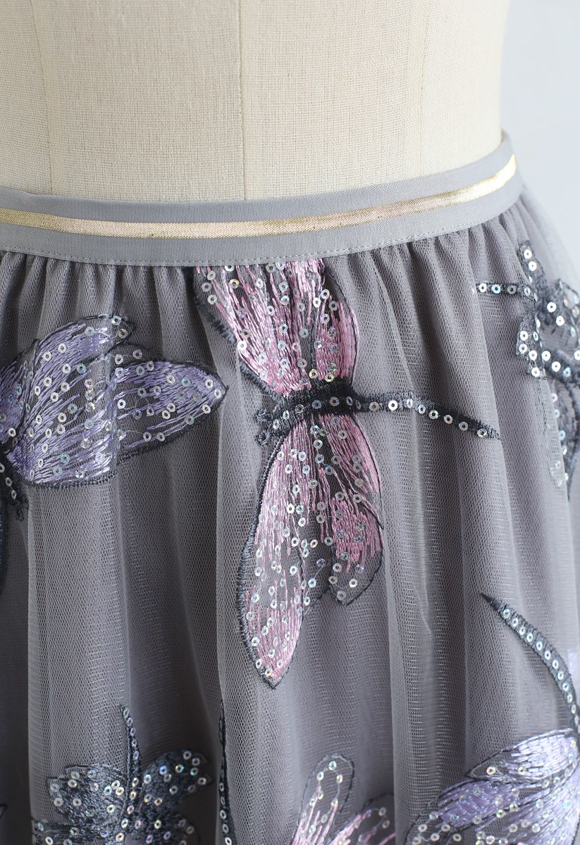Sequin Dragonfly Embroidery Mesh Tulle Skirt in Grey