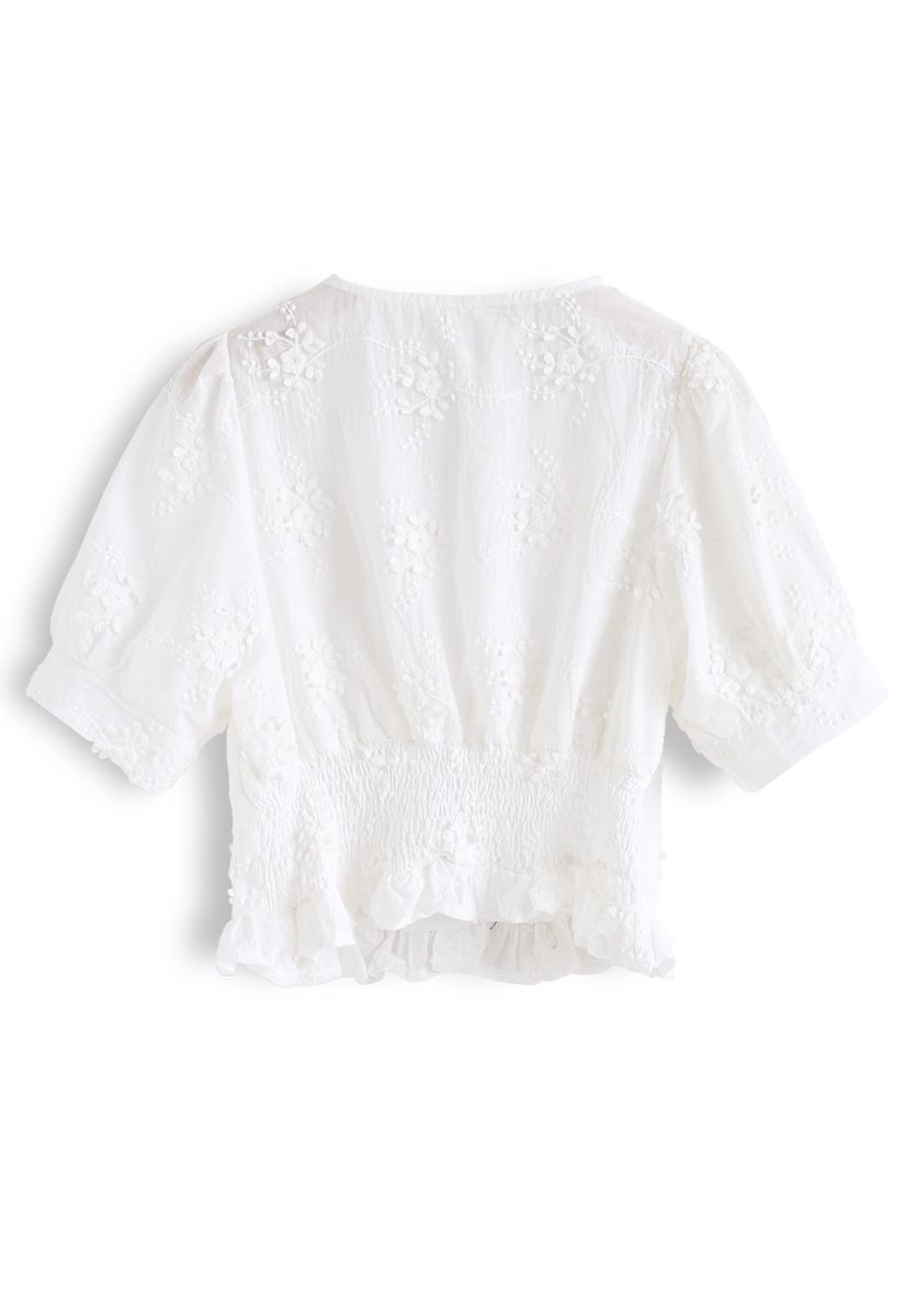 3D Floral Embroidery Ruffle Shirred Top - Retro, Indie and Unique Fashion