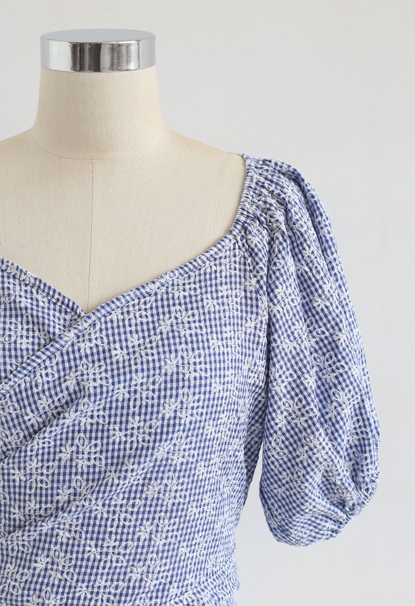Gingham Floral Puff Sleeves Wrapped Top in Navy