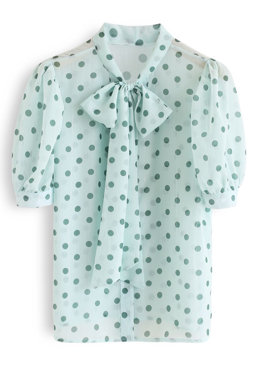 Tie-Neck Dotted Sheer Top in Mint