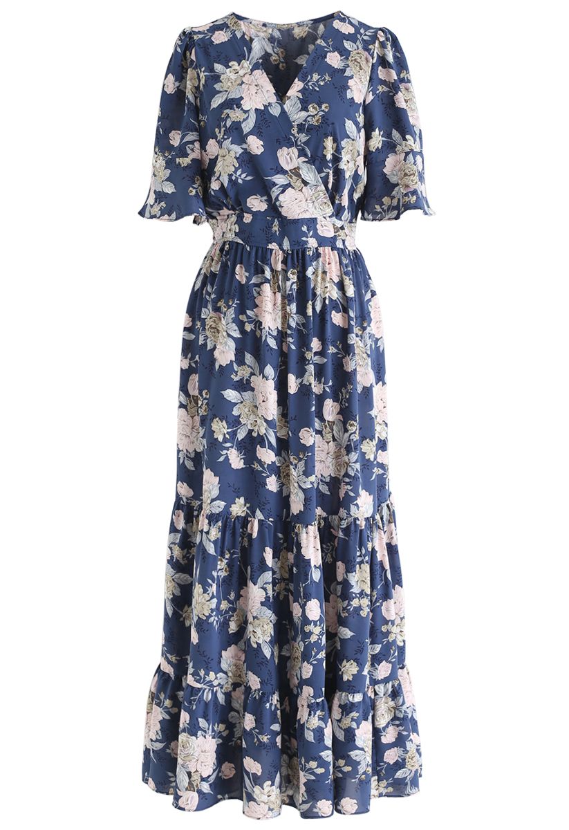 Demure Floral Print Wrapped Maxi Dress in Navy - Retro, Indie and ...