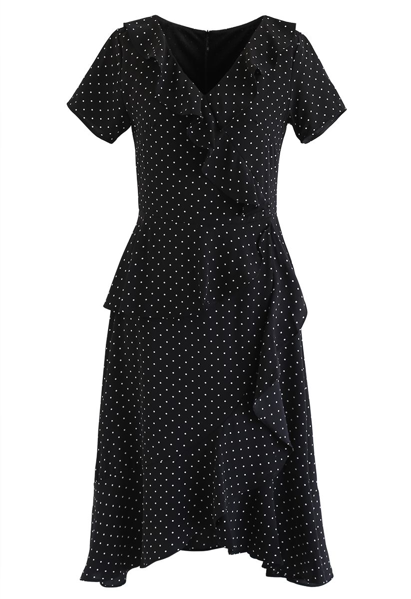 Dots Ruffle Asymmetric Midi Dress in Black - Retro, Indie and Unique ...