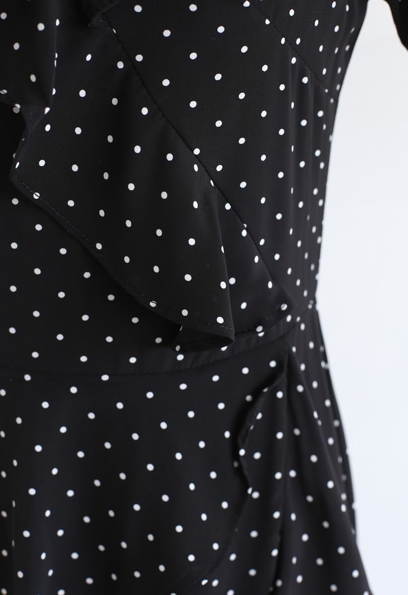 Dots Ruffle Asymmetric Midi Dress in Black