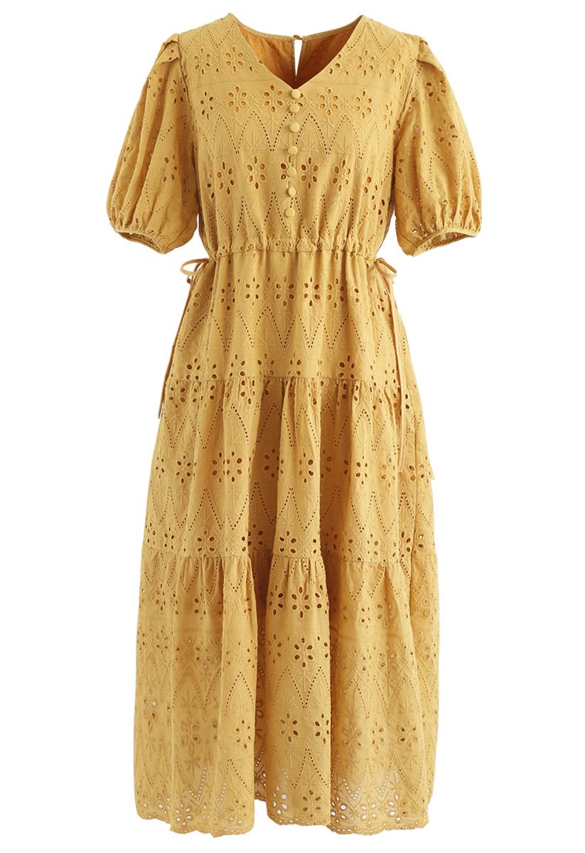 Zigzag Eyelet Floral Embroidered Flare Midi Dress in Mustard - Retro ...