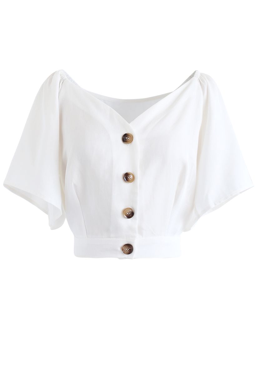 Horn Button Sweetheart Neck Bowknot Crop Top in White