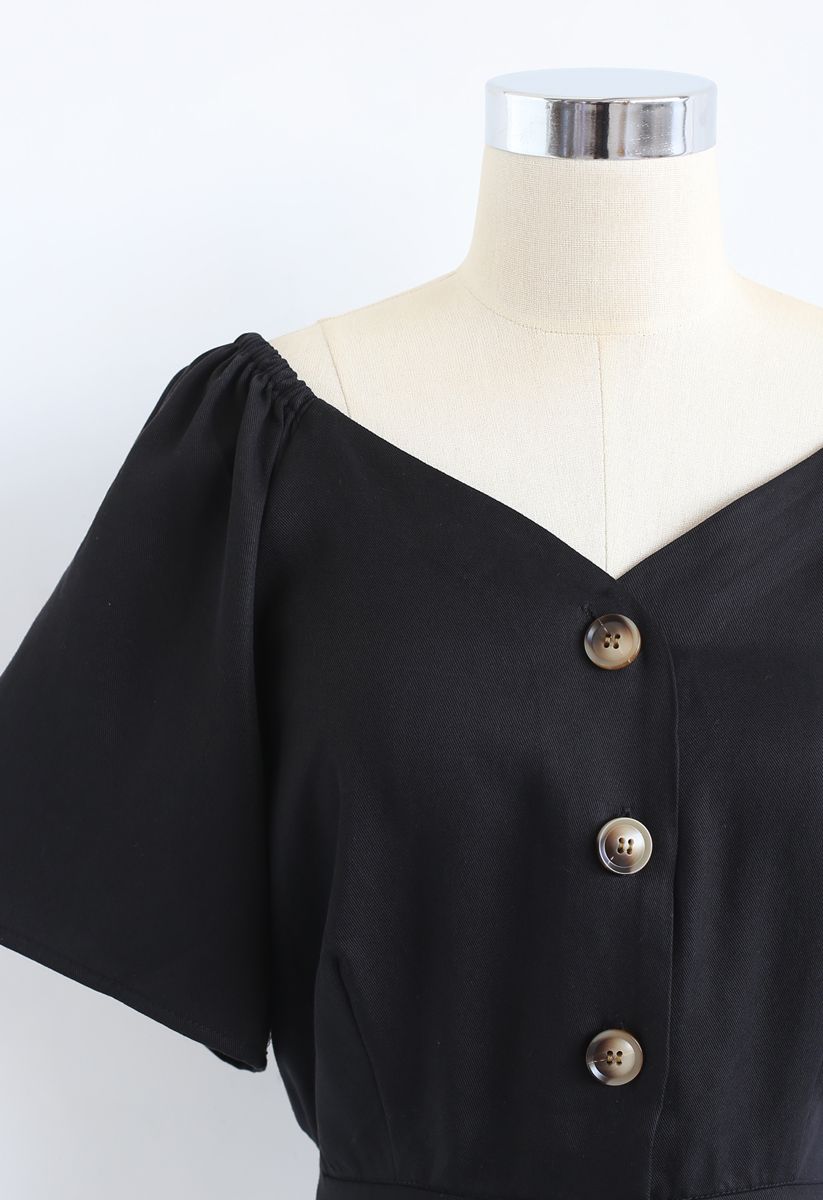 Horn Button Sweetheart Neck Bowknot Crop Top in Black