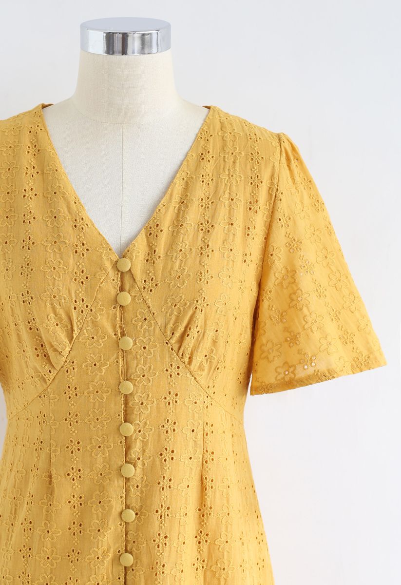 Eyelet Embroidery Button Down Dress in Mustard - Retro, Indie and ...