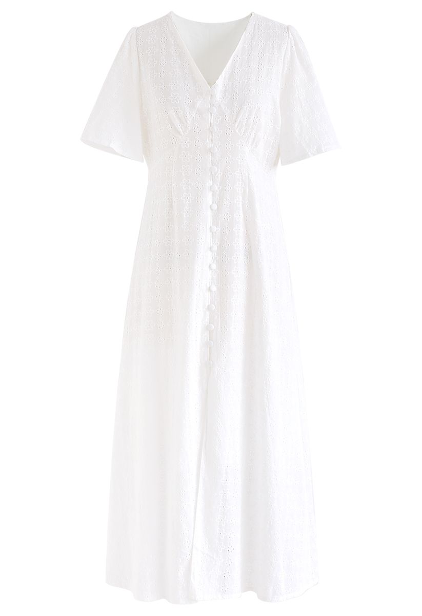 Eyelet Embroidery Button Down Dress in White