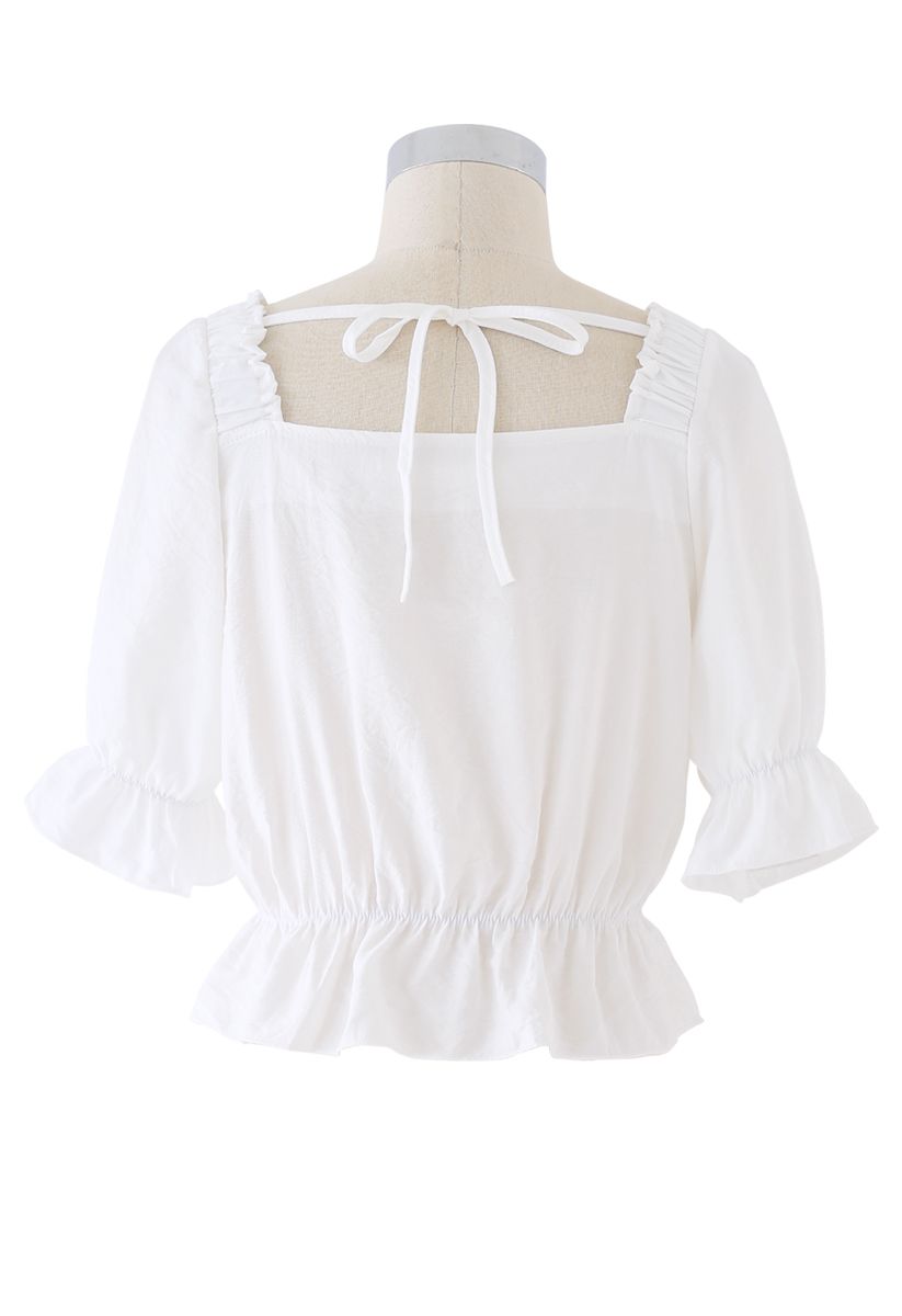 Button Embellished Square Neck Crop Top in White